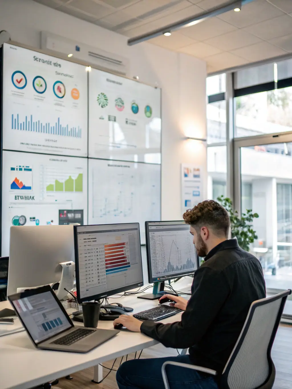 A vibrant image showcasing a digital marketing dashboard with various analytics, social media icons, and marketing charts, representing Digital Janice's digital marketing strategies.