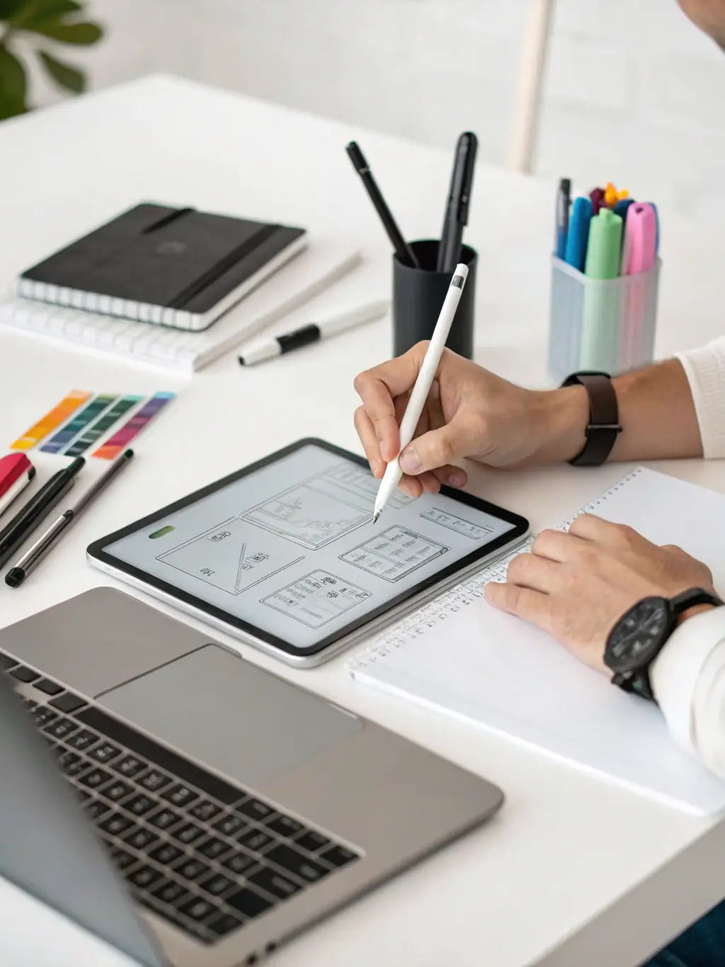 A designer working on wireframes and prototypes on a digital tablet, showcasing Digital Janice's UI/UX design process.