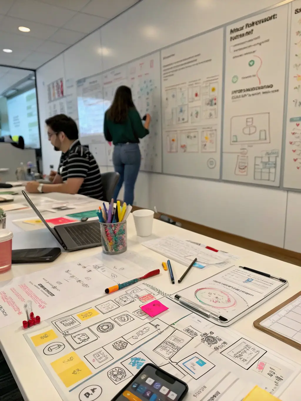 A designer working on a UI/UX project, showcasing wireframes and mockups on a large display. The scene emphasizes creativity and attention to detail in crafting user interfaces.